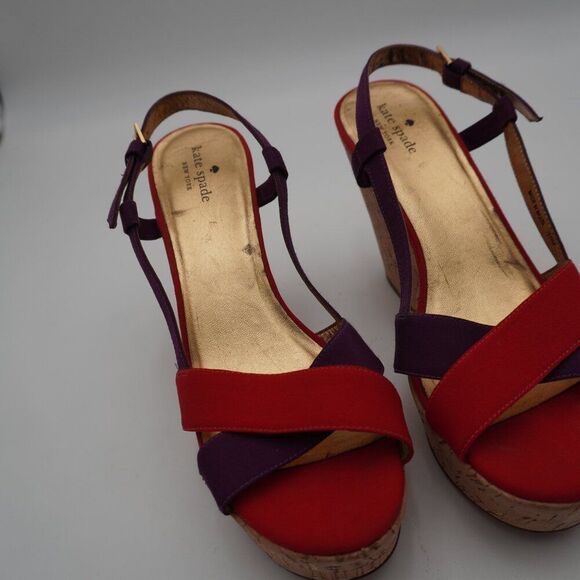 Kate Spade Penny Sandals Wedge Block Heels Red Purple Canvas Cork  Size 10M - Picture 7 of 7